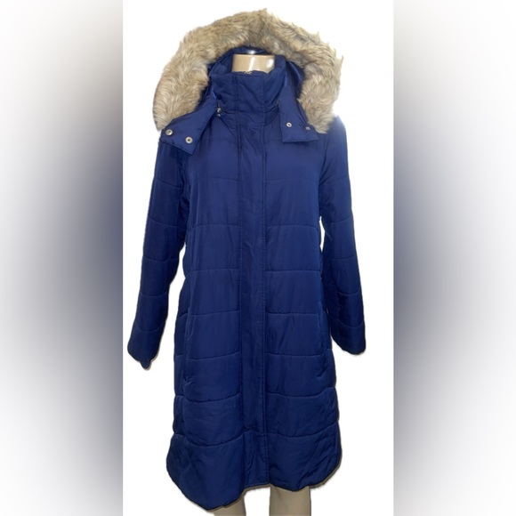 Banana Republic Jackets & Blazers - Banana Republic Dark Blue Puffy Winter Coat XL Faux Fur Detachable Hood
